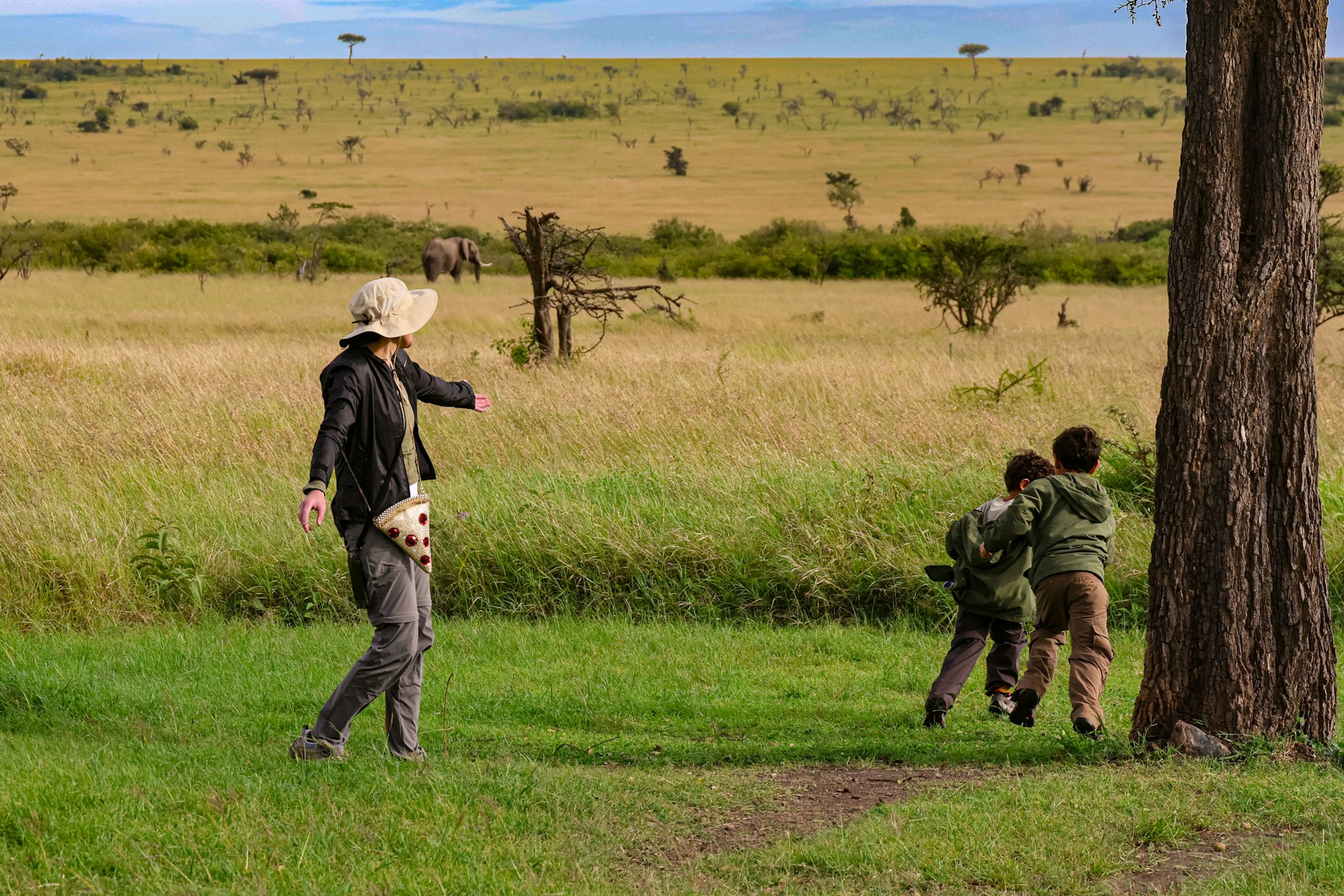 A woman gestures toward two children in the grassy plains, with an elephant grazing in the background.